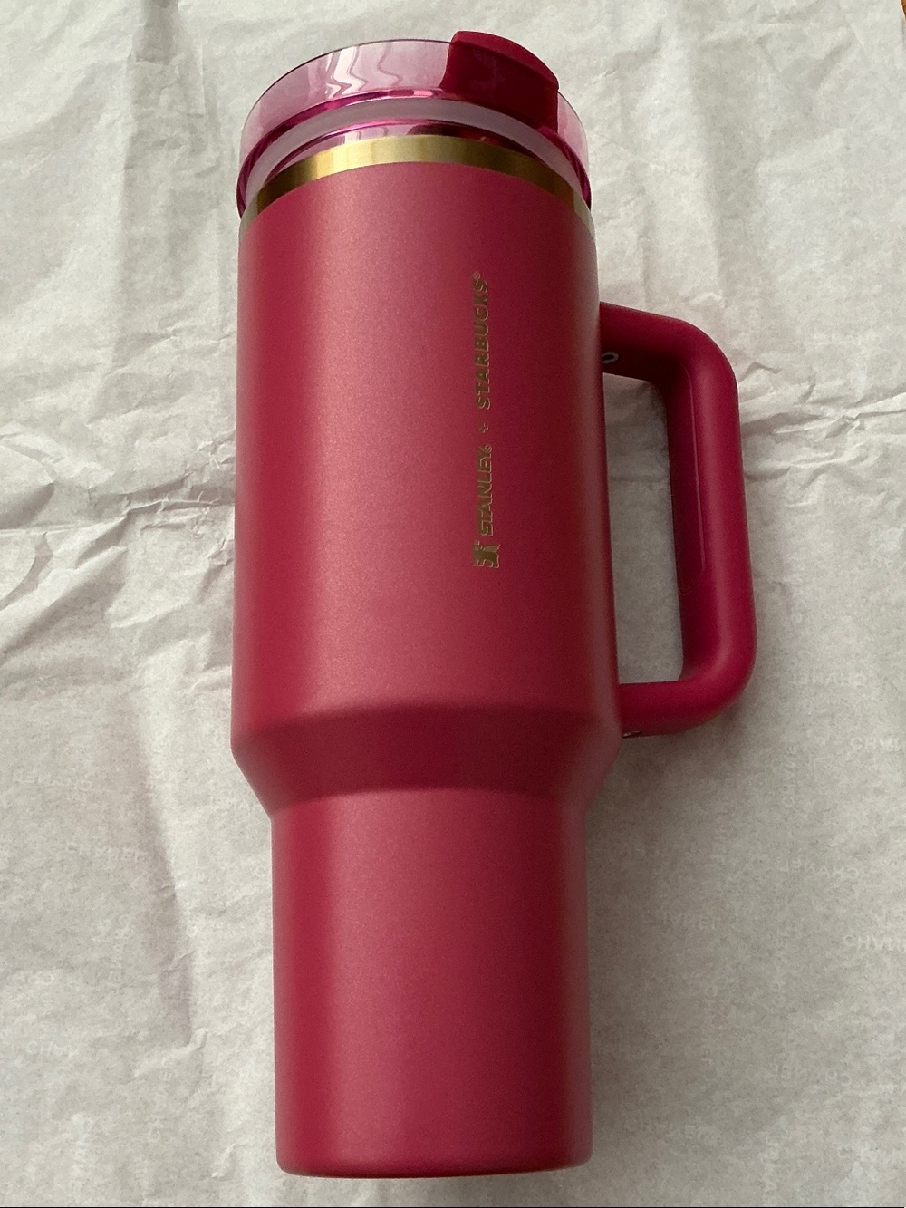 Stanley x Starbucks 40oz tumbler dark pink and gold, used no straw